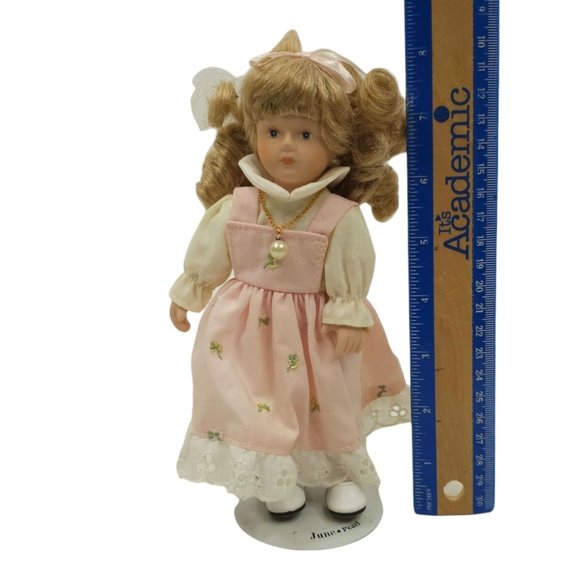 Vintage Russ Porcelain Doll Of The Month June Pearl Stand Handcrafted Pink Dress - Picture 12 of 12